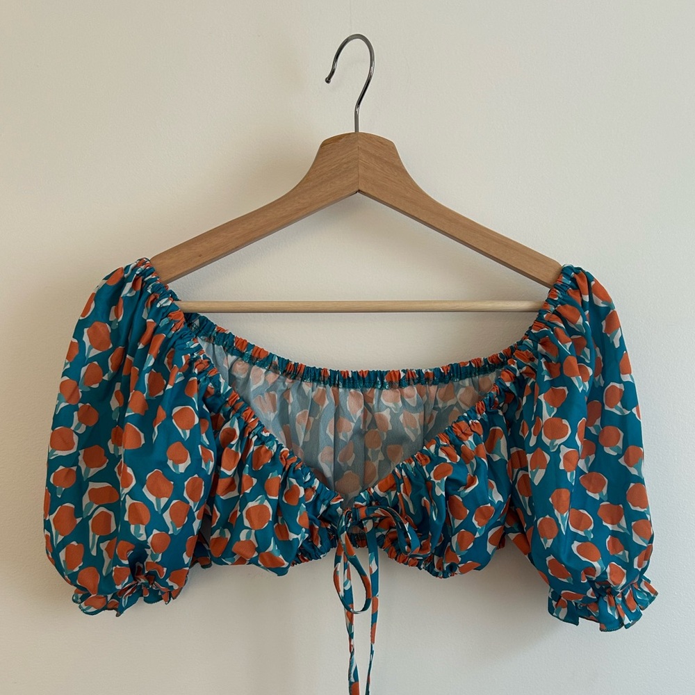 Teal Crop Top with Orange Floral Print and Puff Sleeves